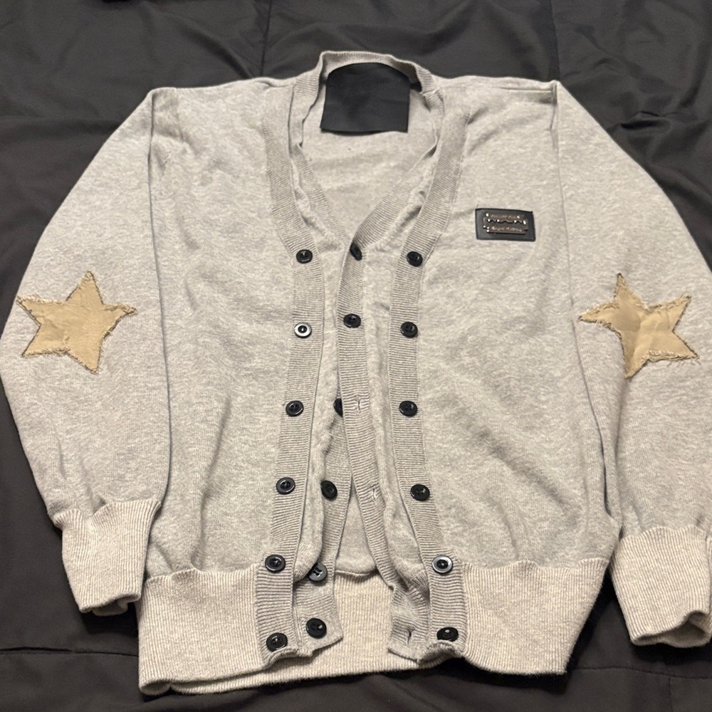 Philipp Plein Gray Cardigan Sweater with Skull and Star Patches